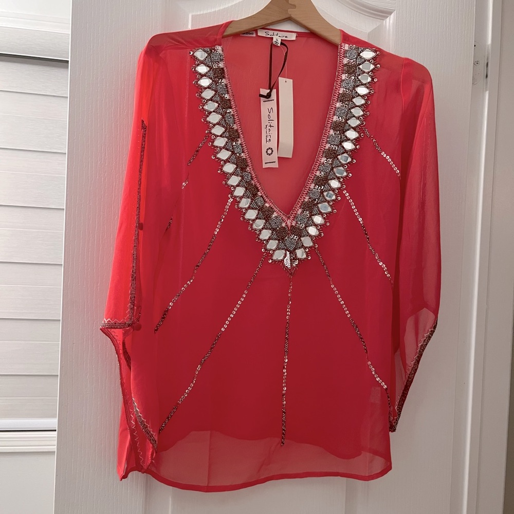 Watermelon pink shirt with beading and mirror work